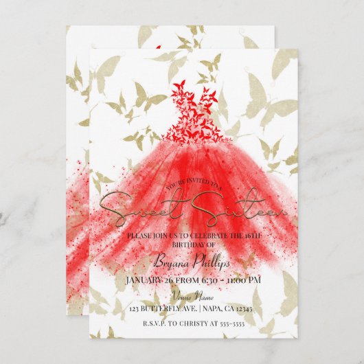バタフライダンスレッドドレス金ゴールドスウィート16パーティー 招待状 (正面/裏面)