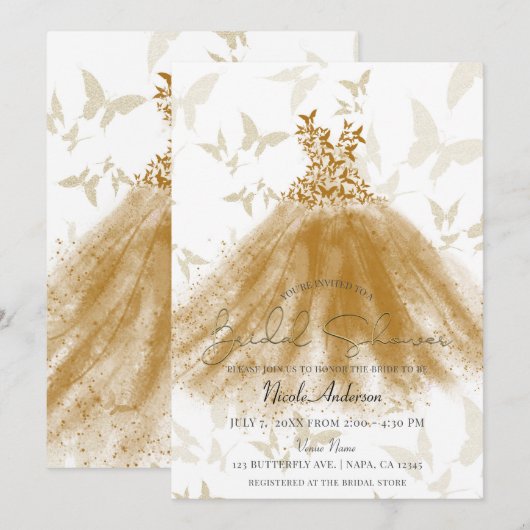 バタフライダンス金ゴールドスパークルドレスブライダルシャワー 招待状 (正面/裏面)