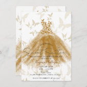 バタフライダンス金ゴールドスパークルドレス甘い16パーティー 招待状 (正面/裏面)