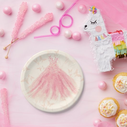 バタフライダンス ピンクスパークルドレス ブライズシャワー ペーパープレート (パーティー)