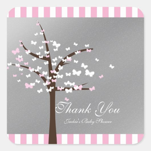 バタフライツリーピンク&グレーベビーシャワーステッカー スクエアシール (正面)