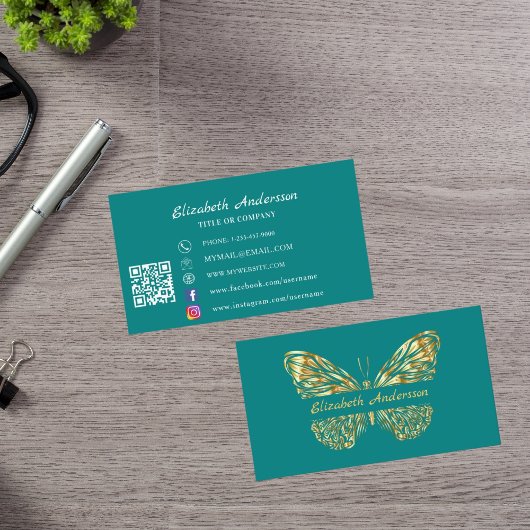 バタフライティール（緑がかった色）グリーン金ゴールドQRコードエレガント 名刺