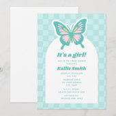 バタフライティール（緑がかった色）チェッカーボードガールベビーシャワー 招待状 (正面/裏面)