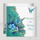 バタフライティール(緑がかった色)ブルーフローラ金ゴールドホワイトパーティー 招待状 (正面/裏面)