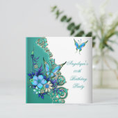 バタフライティール(緑がかった色)ブルーフローラ金ゴールドホワイトパーティー 招待状 (スタンド正面)