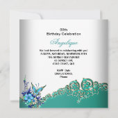 バタフライティール(緑がかった色)ブルーフローラ金ゴールドホワイトパーティー 招待状 (裏面)