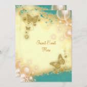 バタフライティール（緑がかった色）金ゴールドの結婚婚約 招待状 (正面/裏面)