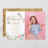 バタフライテーマガールズバースデーパーティーの写真 招待状 (正面/裏面)