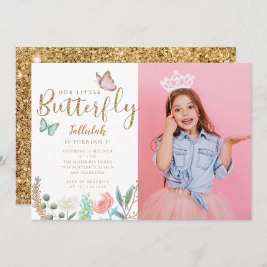 バタフライテーマガールズバースデーパーティーの写真 招待状 (正面/裏面)