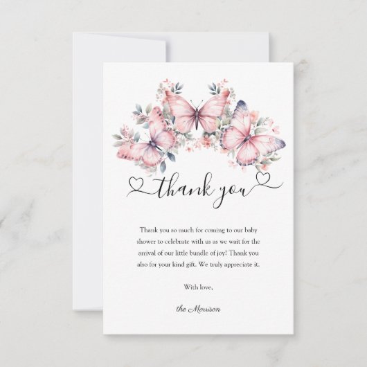 バタフライテーマピンクウォーター色ベビーシャワー サンキューカード (正面)