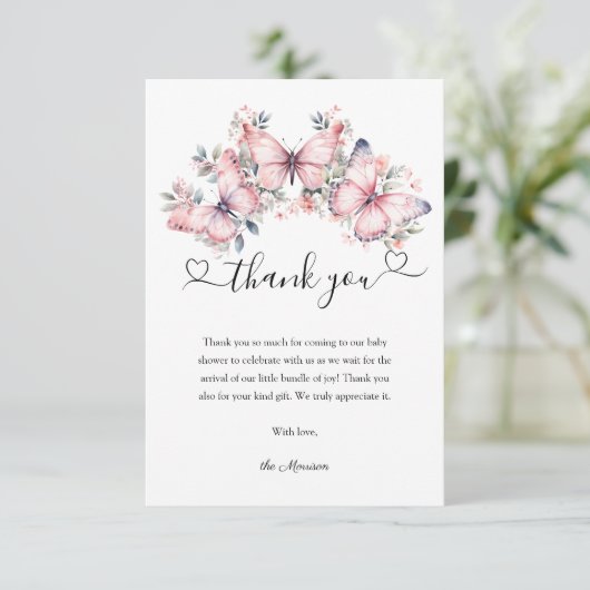 バタフライテーマピンクウォーター色ベビーシャワー サンキューカード (スタンド正面)