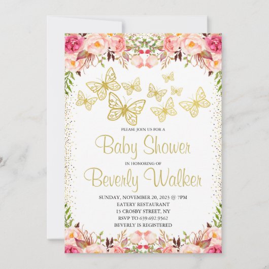 バタフライテーマベビーシャワー植物フローラ 招待状 (正面)