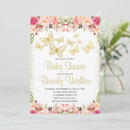 バタフライテーマベビーシャワー植物フローラ 招待状 (スタンド正面)