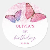 バタフライテーマ1stバースデーパーティーの好意 ラウンドシール (正面)