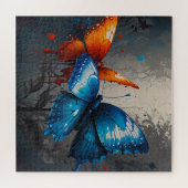 バタフライデュオ:鮮やかなオレンジとブルー ジグソーパズル (横)