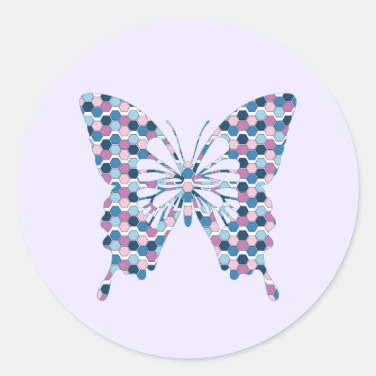 バタフライトワイライトシティブルーとピンク六角形 ラウンドシール (正面)