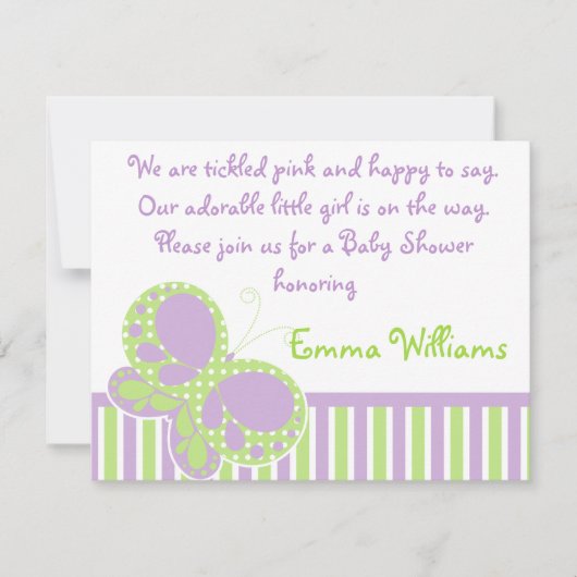 バタフライドットベビーシャワー招待状紫/緑 招待状 (正面)