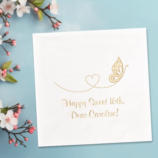 バタフライハートスウィート16誕生日 箔ナプキン