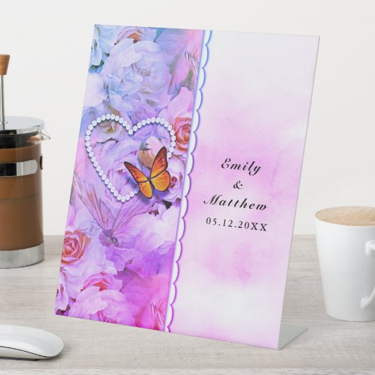 バタフライハートパールフローラピンクローズ結婚ズ 台座サイン (インサイチュ)