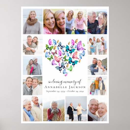 バタフライハートフォトコラージュ葬儀ウェルカムサイン ポスター (正面)