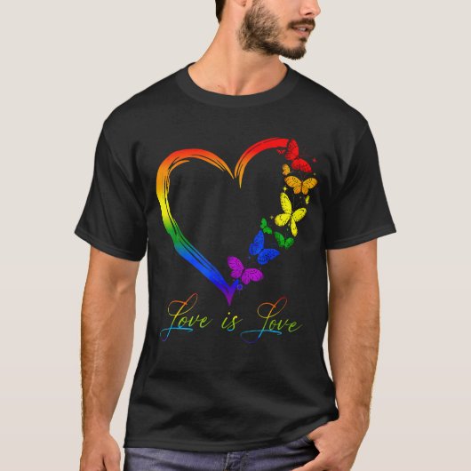 バタフライハートレインボーラブイズラブlgbtゲイレズ tシャツ (正面)