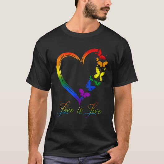 バタフライハートレインボーラブイズラブLGBTゲイレズ Tシャツ (正面)