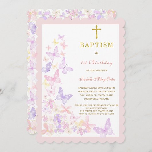 バタフライバプティスファーストと誕生日招待状 招待状 (正面/裏面)
