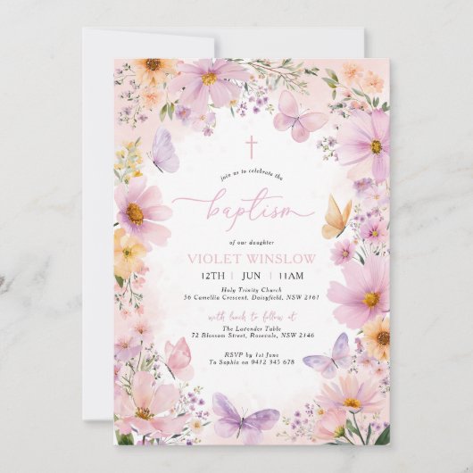 バタフライバプテスマフローラピンクパープルガール 招待状 (正面)