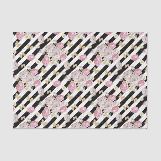 バタフライバラデイジーフローラストライプ白黒 薄葉紙 (正面)