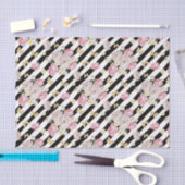 バタフライバラデイジーフローラストライプ白黒 薄葉紙 (クラフト)