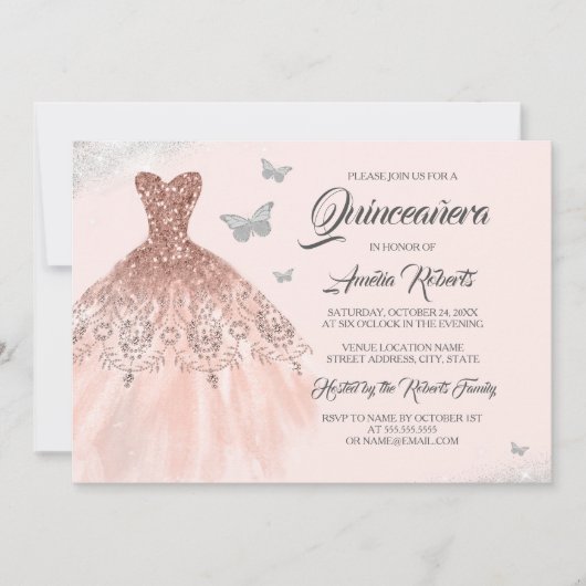 バタフライバラ金ゴールドスパークルドレスキンセアニェラ 招待状 (正面)