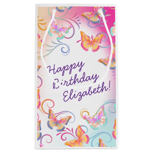 バタフライバースデーパーティーキッズカラフル スモールペーパーバッグ (裏面)