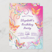 バタフライバースデーパーティーキッズカラフル 招待状 (正面/裏面)