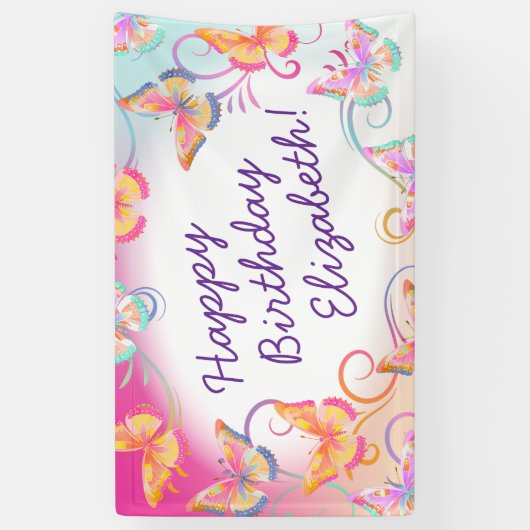 バタフライバースデーパーティーキッズカラフル 横断幕 (縦)