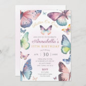 バタフライバースデーパーティー招待状パステル蝶 招待状 (正面/裏面)