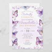 バタフライバースデーパーティー招待状パープル蝶 招待状 (正面/裏面)