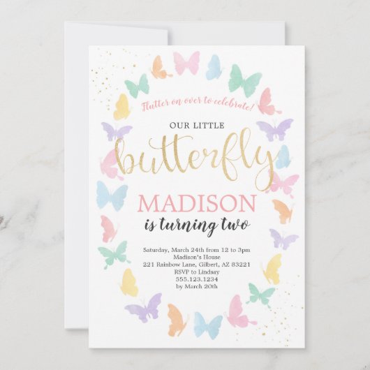 バタフライバースデーパーティー招待虹の色 招待状 (正面)