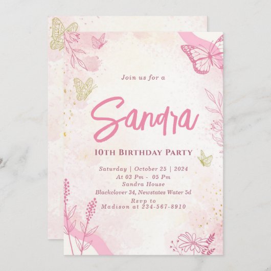 バタフライバースデーパーティー編集可能招待状 招待状 (正面/裏面)