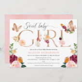 バタフライバーチャルベビーシャワーピンクバーガンディフローラ 招待状 (正面/裏面)
