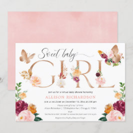 バタフライバーチャルベビーシャワーピンクバーガンディフローラ 招待状