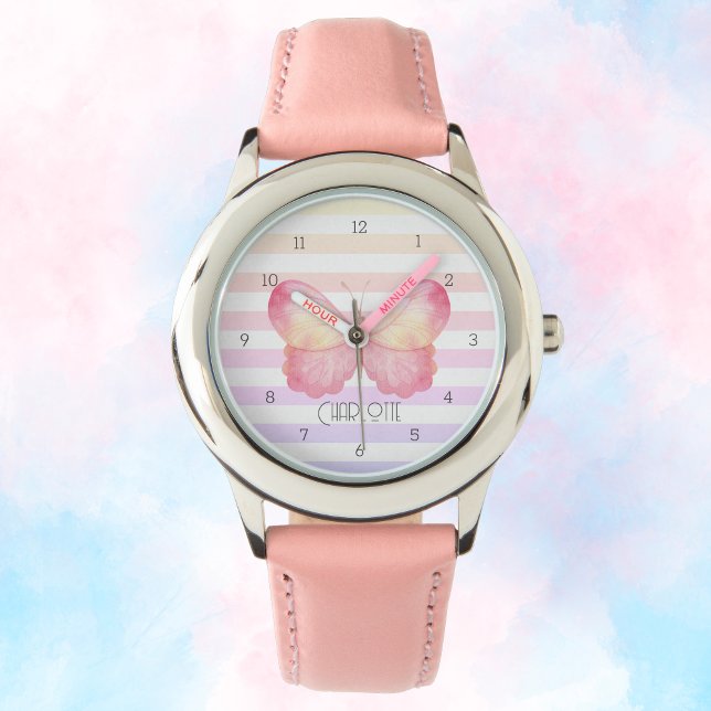 バタフライパステルストライプチャームパターン 腕時計 (Personalized Girly Kids Watch with Butterfly)