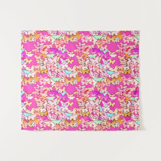 バタフライパステルズオン明るい赤紫色ピンク タペストリー (正面(横))