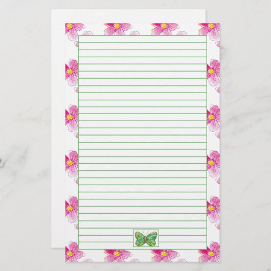 バタフライパステルピンク水彩の花が並ぶ 便箋 (正面/裏面)