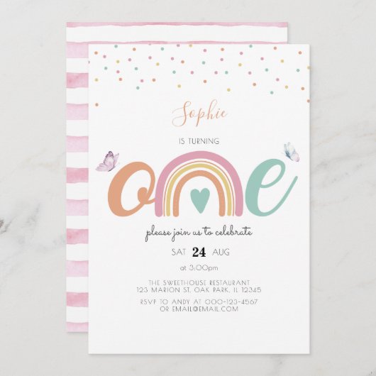 バタフライパステルレインボーファースト誕生日招待状 招待状 (正面/裏面)