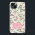 バタフライパターンクリームブラウンピンク名ipadケース iPhone 13ケース<br><div class="desc">アゲハチョウとモダンフリテ絵を描リアリーのipadカバーを特徴とする蝶のパターンは、クリームライトピンク、ブラウン、ティール（緑がかった色）の色合いでカバー。このカスタマイズパターンipadケースは、あなたの名前と家族のイニシャルまたはモノグラムでカバー現読在ラセルR.女の子と女のパーソナライズされた子のための理想的な贈り物。サラユニーク・トレットのワイルドフラワー型ダマスクデザイン。</div>