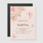 バタフライパンパスグラスピンクラグジュアリーブライダルシャワー マグネット招待状 (正面/裏面)