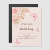 バタフライパンパスグラスピンク高級ベビーシャワー マグネット招待状 (正面/裏面)