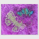 バタフライパープルティール（緑がかった色）ブルー金ゴールドカラフル ラッピングペーパー (フラット)