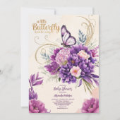 バタフライパープルフローラピンクガールベビーシャワー 招待状 (正面)