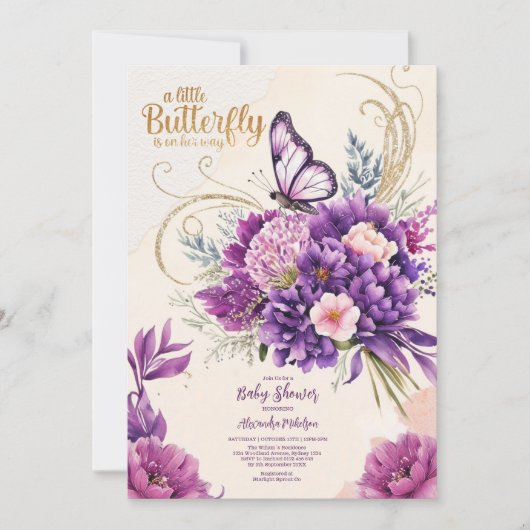 バタフライパープルフローラピンクガールベビーシャワー 招待状 (正面)